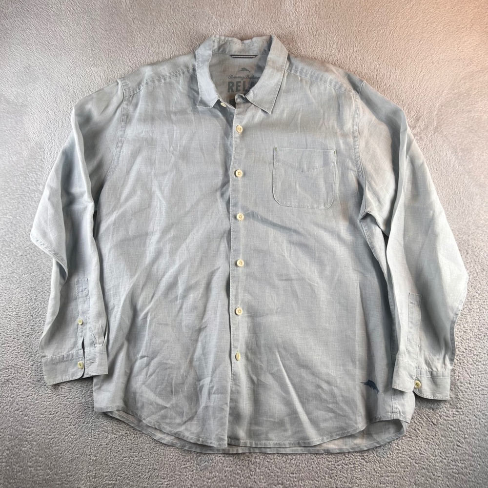 Tommy Bahama Relax Mens XL Light Blue 100% Linen Long Sleeve Button Down Shirt